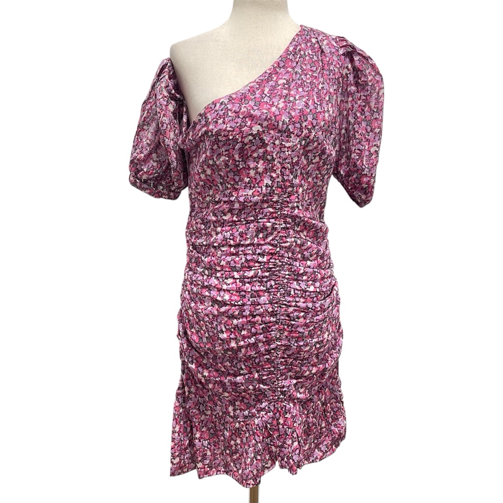 Isabel Marant Lecia One Shoulder Ruched Dark Pink Floral Mini Dress Fr 38 Us 6